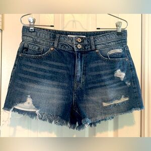 KANCAN CLAIRE HIGH WAIST DOUBLE BUTTON RAW HEM DENIM SHORTS (Medium)